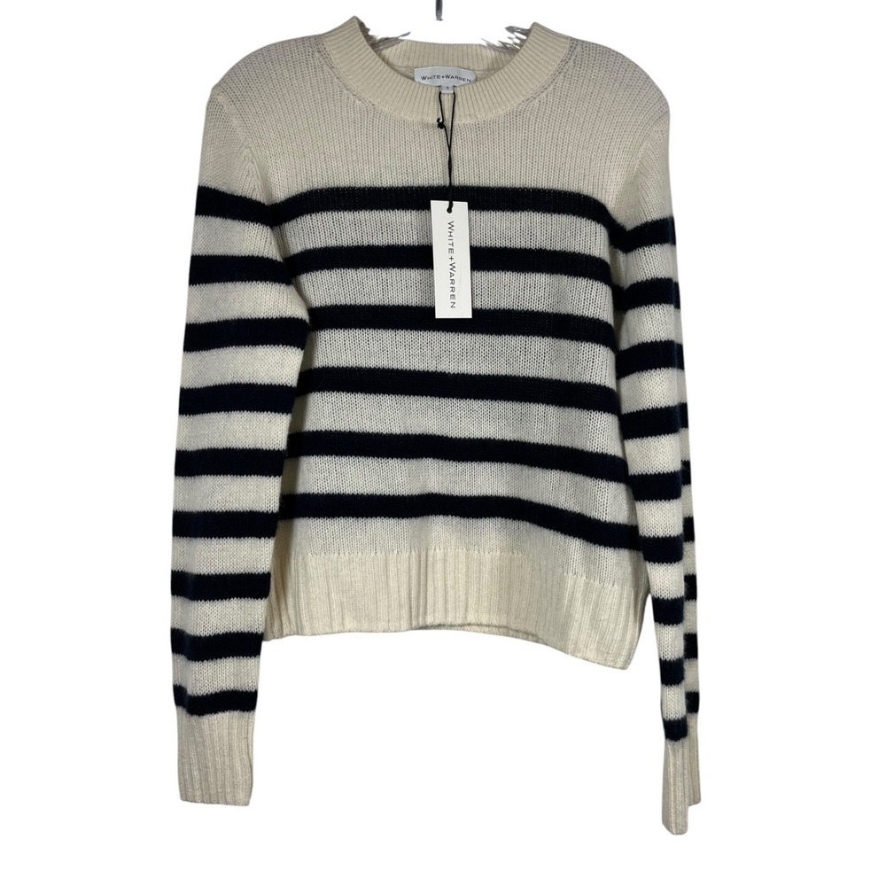 NWT White + Warren Sz S Sweater 100% Cashmere Cream Navy Striped Crewneck New